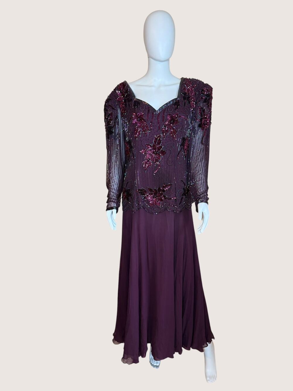 Plum Beaded Evening Gown Sheer Sleeve Maxi Dress